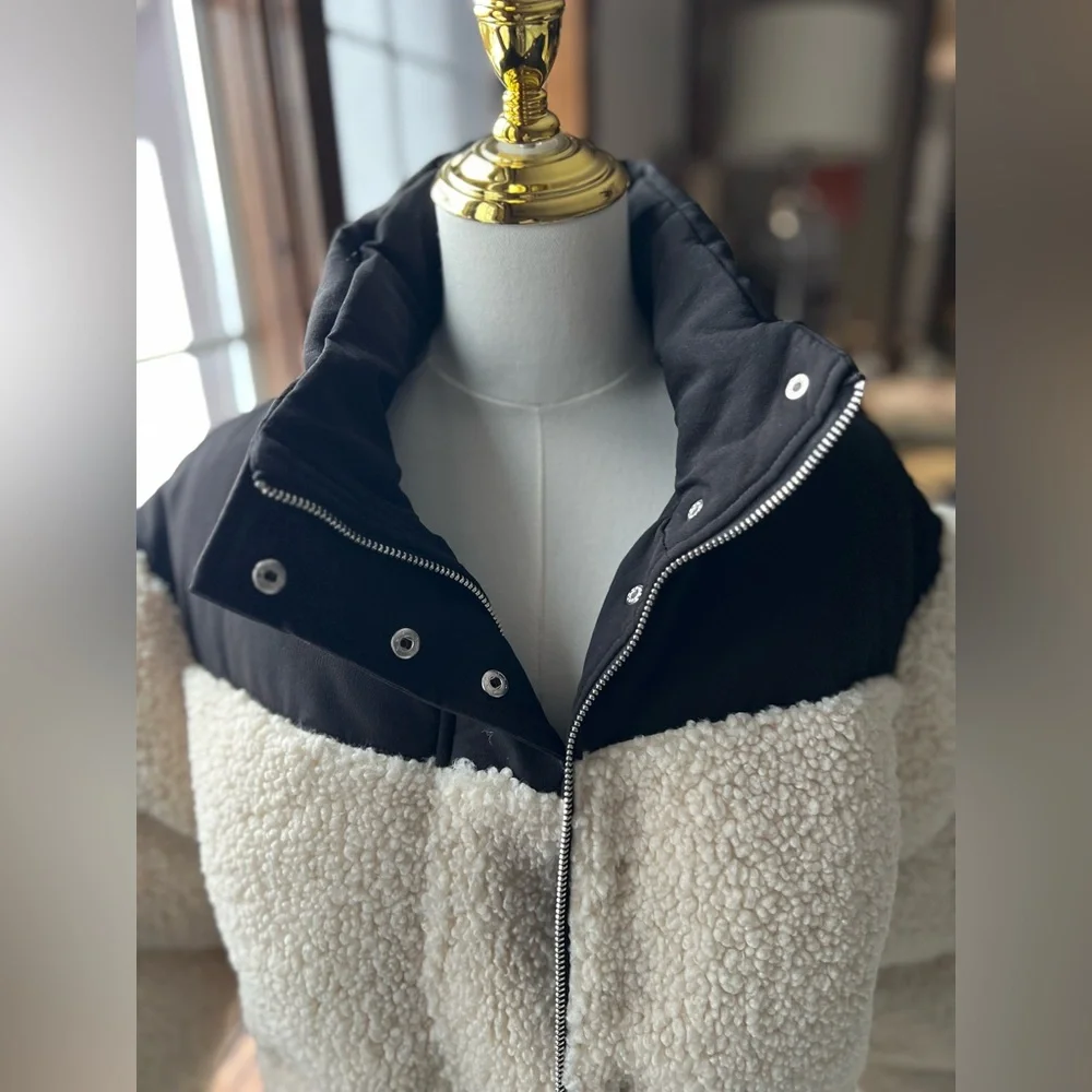 Maje Black Cream High Pile Fleece Faux Shearling Hoodie Puffer Jacket Sz 0 (XS) - Picture 9 of 16